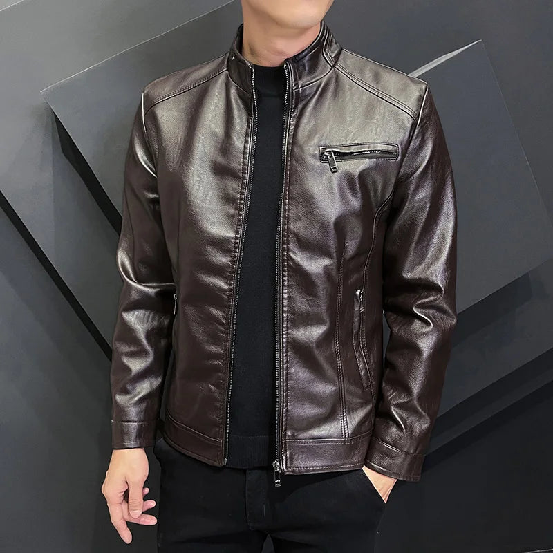 Motorcycle Leather Jackets Mens Business Fit Brand Slim Men Casual Biker Zipper PU Leather Jackets Male New Men's Leather Jacket