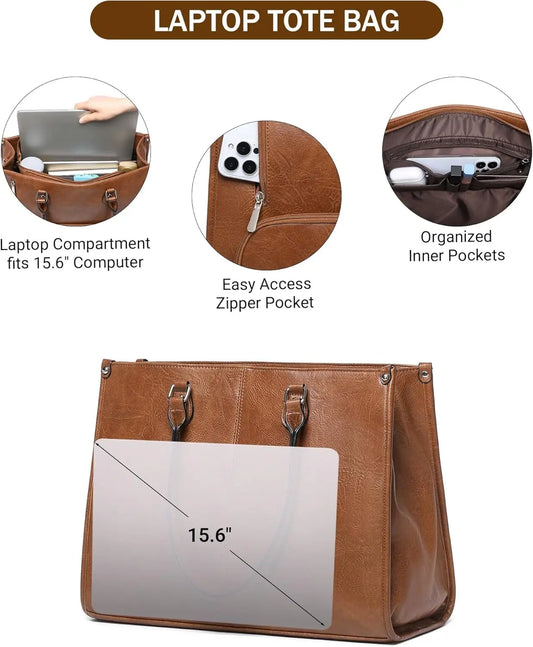 2 in 1 Laptop Tote Bag with Insulated Lunch Compartment for Women Work, PU Leather Lunch Bag with 15.6 Inch Computer Compartment