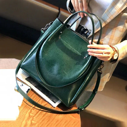 Genuine Leather Tote Bag for Women Large Capacity Oil Wax Leather Top Handle Shoulder Bag Vintage Luxury Designer Handbag