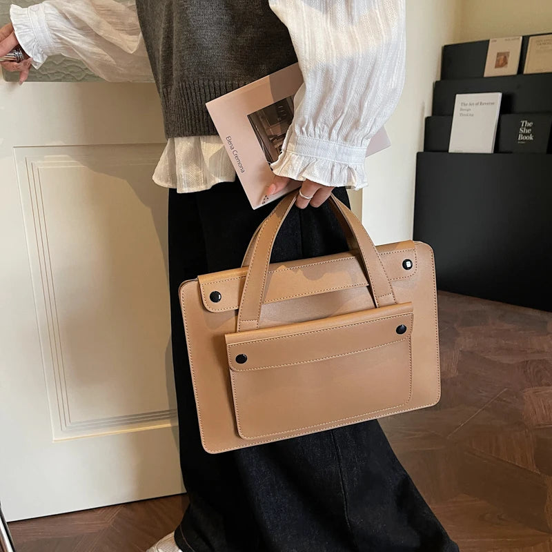 Portable Laptop Bag Size 14.2inch X 9.8inch Fashion iPad Air Bag Solid Pu Leather Handbag Women Computer Briefcase Bag Brown