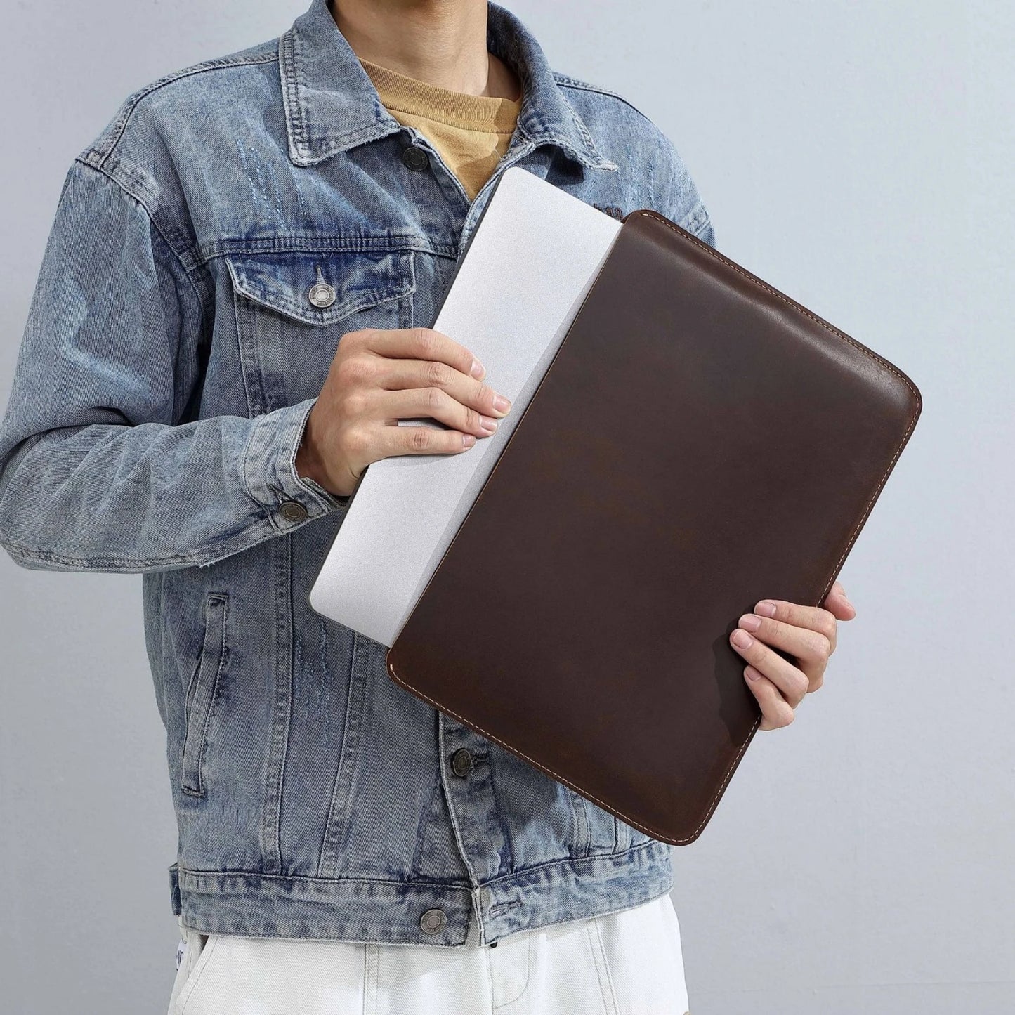 Genuine Leather Slim Laptop Sleeve Pouch Cover, Leather Ultra-thin Notebook Protective Case for 14 Inch MacBook, iPAD Air/Pro