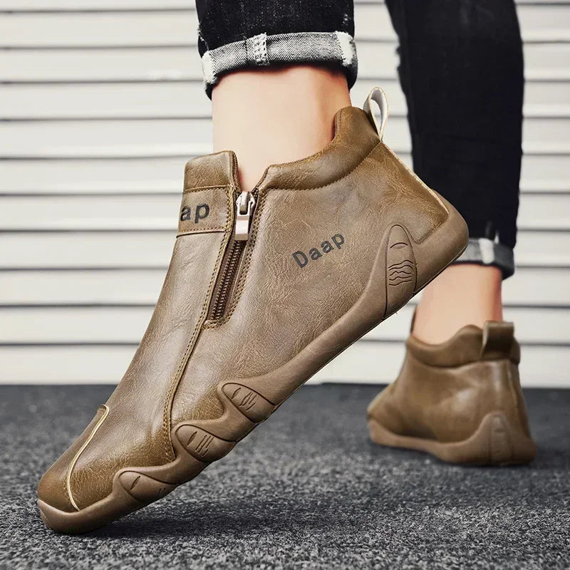 Men's Leather Shoes Ankle Boots Casual Leather Loafers Zipper Comfortable Formal Flat Solid Color White Shoes Driving Moccasins