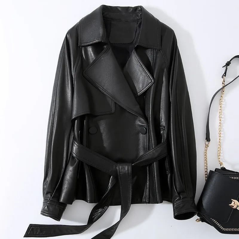100% Real Sheepskin Women Vintage Brown Leather Jackets Fashion Lapel Collar Belt Ladies Casual First Layer Leather Jackets Tops
