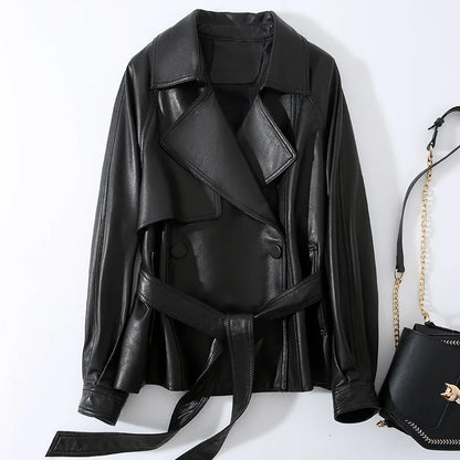 100% Real Sheepskin Women Vintage Brown Leather Jackets Fashion Lapel Collar Belt Ladies Casual First Layer Leather Jackets Tops
