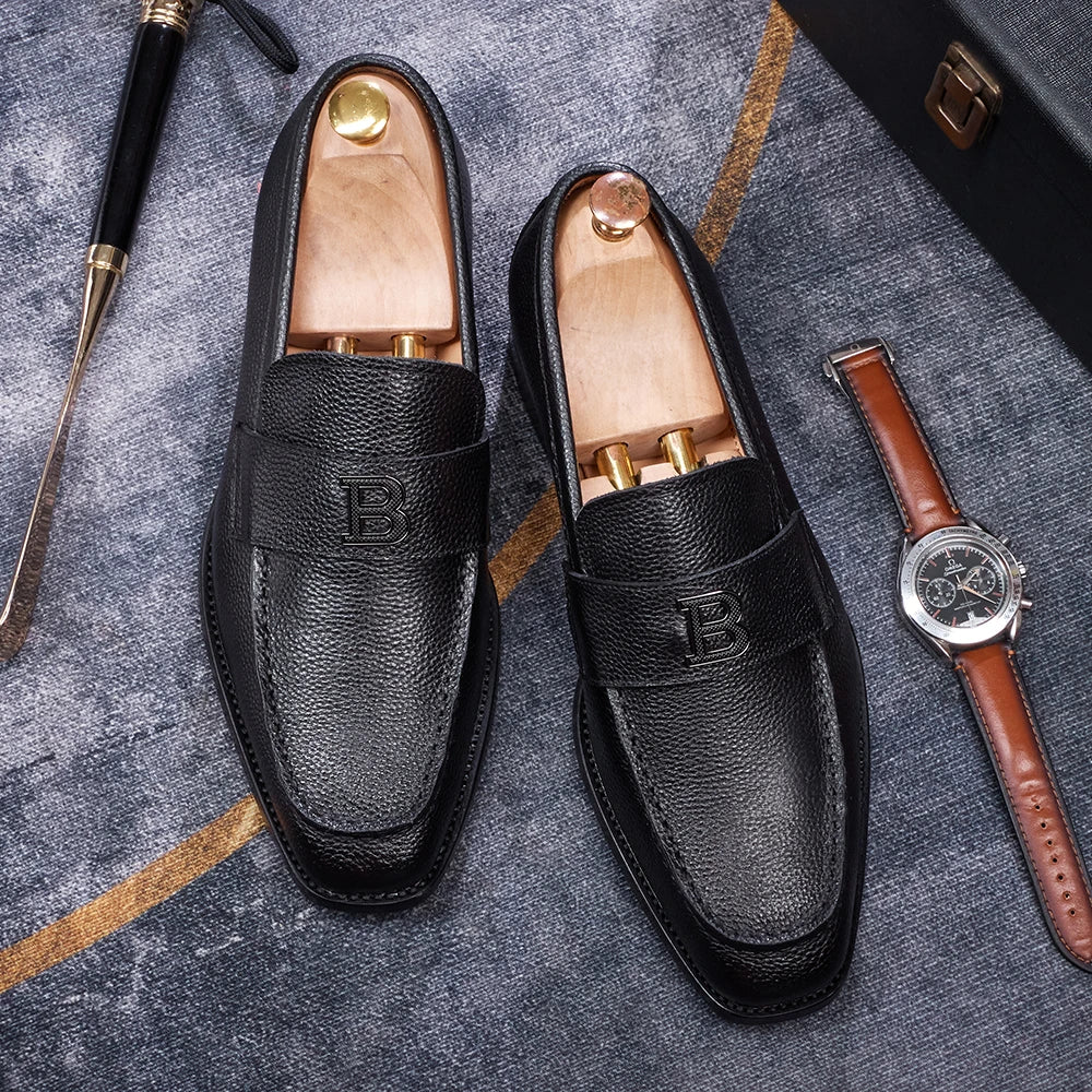Men's High-End Genuine Leather Loafers Comfortable Flat Casual Glossy black Handmade Office Banquet Shoes