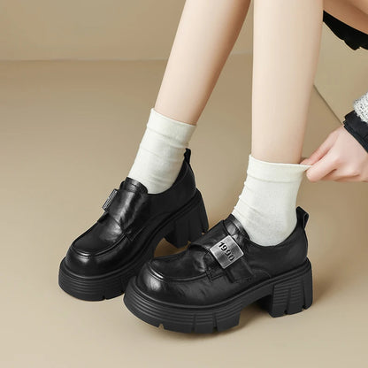 Women's Leather Loafer Slip-on Shoes - Thick Sole Height Increasing Casual Walking Shoes, Metal Buckle Decor Versatile for Daily