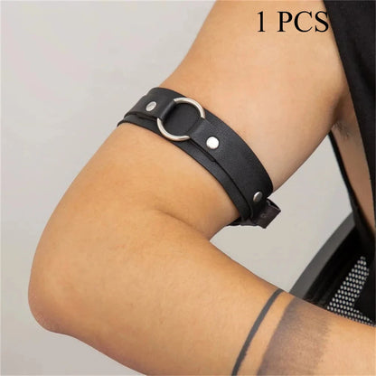 Leather Arm Band for Men, Metal Ring Upper Arm Cuff, Wristband Collar, Punk Leather Strap Jewelry Accessories