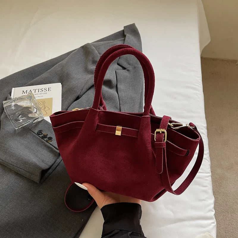 Matte Leather Suede Tote Handbags for Women Large Capacity Retro Shoulder Bag Fall Winter Belt Design Female Crossbody Bags
