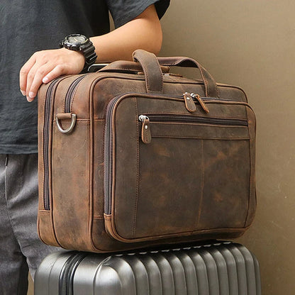 High Quality Genuine Leather Men Briefcase Business bag Crazy Horse Leather Large 17"inch Laptop Bag male Portfolio Office Case