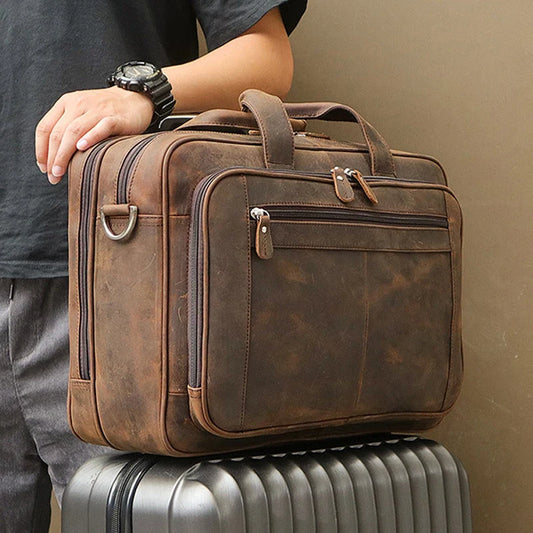 High Quality Genuine Leather Men Briefcase Business bag Crazy Horse Leather Large 17"inch Laptop Bag male Portfolio Office Case