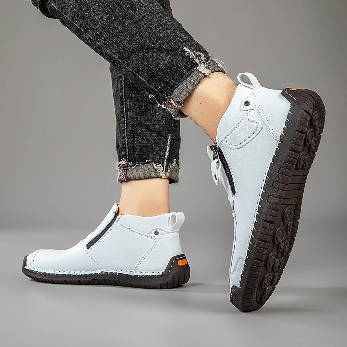Classic Handmade Leather Men's Shoes Casual Banquet Fashion Men Boots Comfy Flat Ankle Boots White Mokasin Shoes Work Shoes