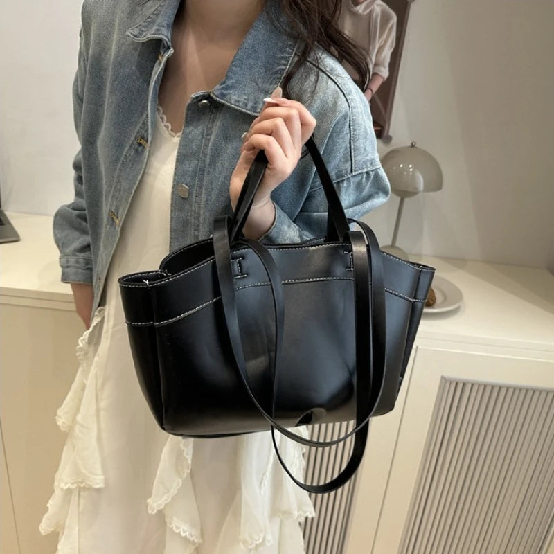 Minimalist Sleek Leather 2-in-1 Tote BagS Large Capacity Shoulder Bag with Top Handle Spacious Purse for Work Commute Occasions