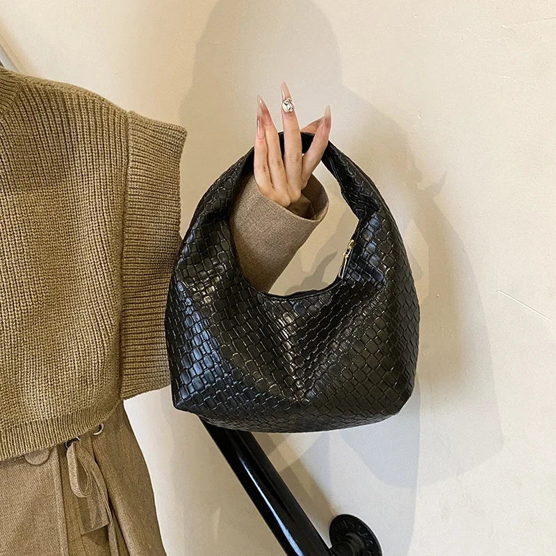 Women Classic Handbags for Women Fashion Woven Embossed Soft PU Leather Small Top Handle Shoulder Bag, Casual Daily Use Tote Bag