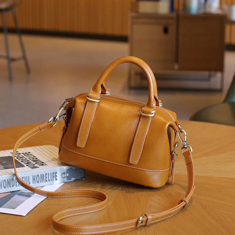 New Genuine Leather Boston Bag for Women First Layer Cowhide Shoulder Crossbody Handbag Elegant Versatile Top Handle Purse