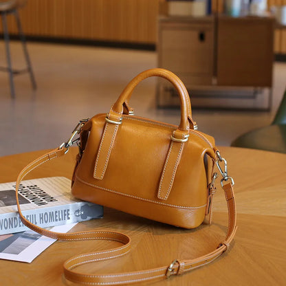 New Genuine Leather Boston Bag for Women First Layer Cowhide Shoulder Crossbody Handbag Elegant Versatile Top Handle Purse