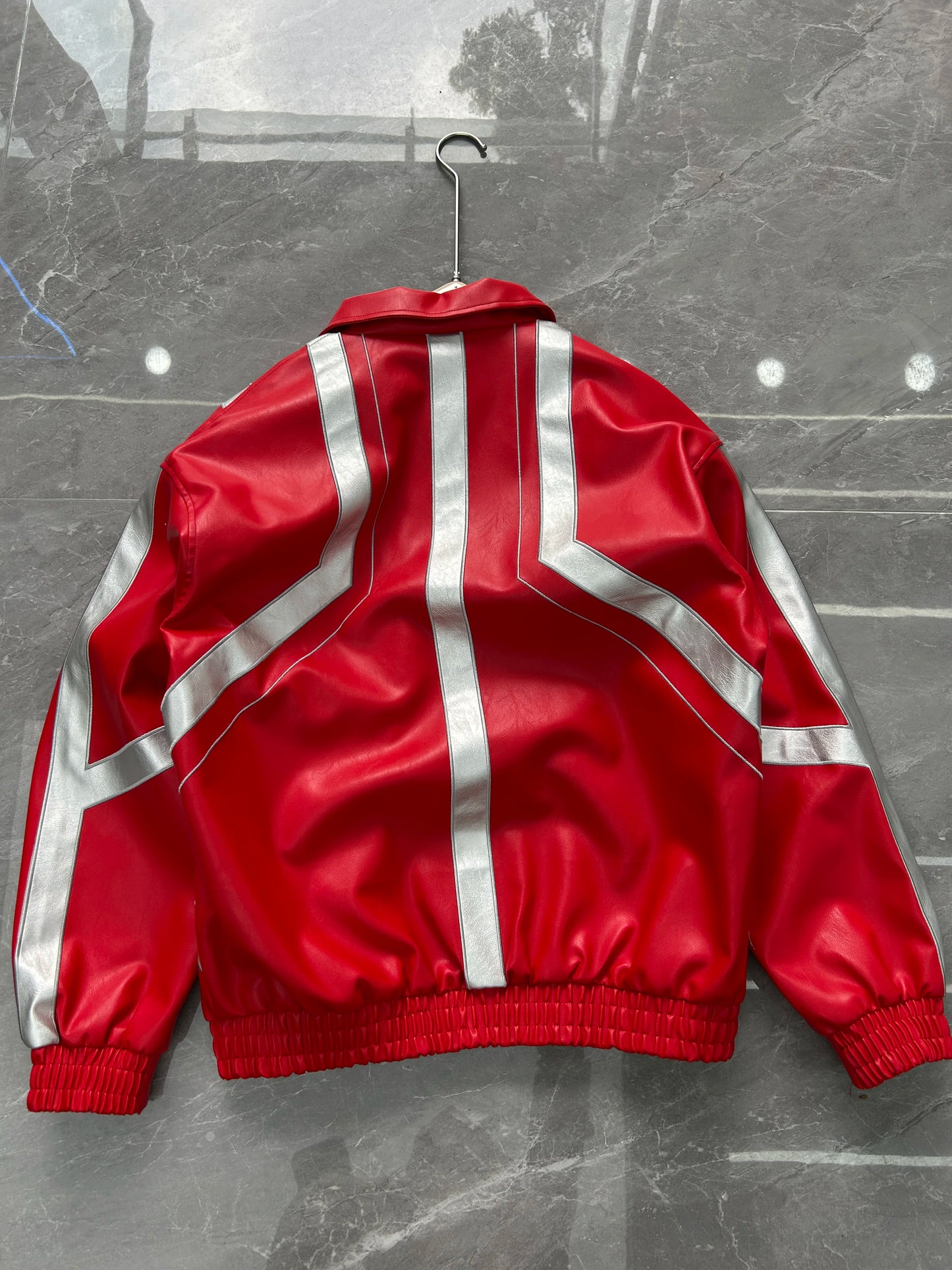 Cool Stylish High Street Heavy-duty Jackets for Men Silhouette Embroidered Contrast Color Patchwork Leather Racing Jacket
