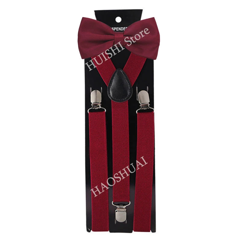 Suspenders Man Bowtie Solid Color Elastic PU Leather Suspenders For Man Belt Adjustable Straps For Wedding Bow Tie Accessories