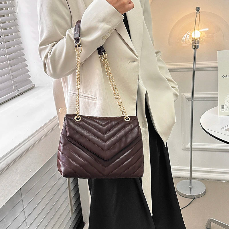Embroidery Thread PU Leather Crossbody Bags For Women 2025 Women's Branded Trending Shoulder Handbags Chain Clutch Bag Black