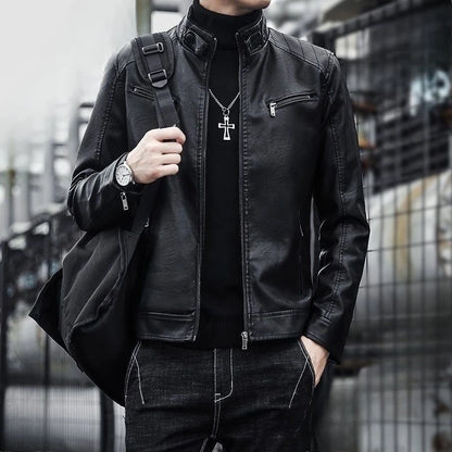 2026 New Leather Jacket Men's Spring and Autumn Thin Handsome Motorcycle Leather Jacket