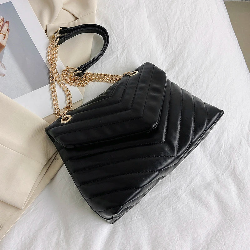 Embroidery Thread PU Leather Crossbody Bags For Women 2025 Women's Branded Trending Shoulder Handbags Chain Clutch Bag Black