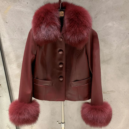Fox Fur Collar Leather Jackets Women Autumn Luxury Natural Fox Fur Leather Jackets with Long Sleeve