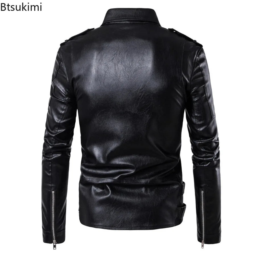 Handsome Motorcycle Leather Jackets for Men British Style Fashion Faux Leather Zipper Coat Casual Streetwear Men Punk PU Jackets