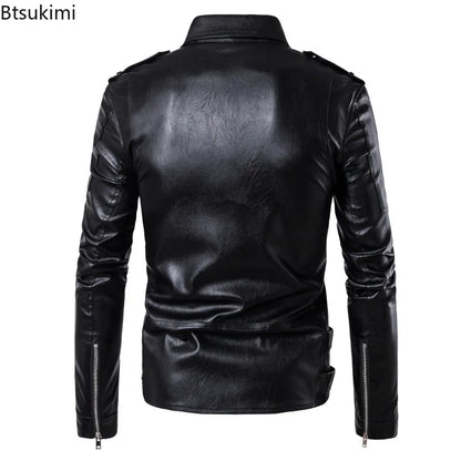 Handsome Motorcycle Leather Jackets for Men British Style Fashion Faux Leather Zipper Coat Casual Streetwear Men Punk PU Jackets