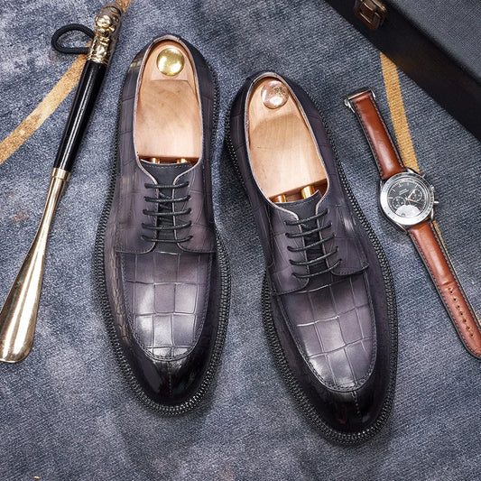 Men's Leather Shoes British Style Black Genuine Cowhide Crocodile Pattern Formal Derby Shoes Thick Sole Height Increase Shoes