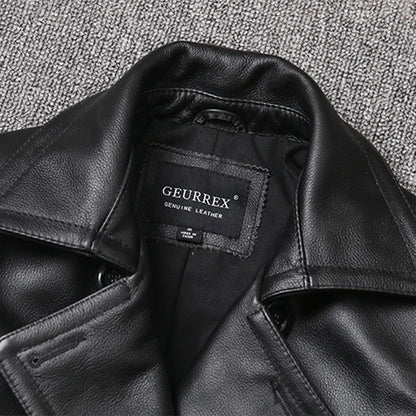 Genuine Leather Jacket Men's Top Layer Cowhide Jacket Mid-Length Men's Lapel Windbreaker Slim-Fit Jacket Double-Breasted