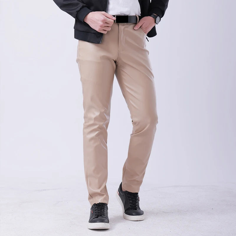 Men Leather Pants Skinny Fit Elastic Fashion PU Leather Trousers Wet Look Stretch Faux Leather Motorcycle Pants Thin Streetwear