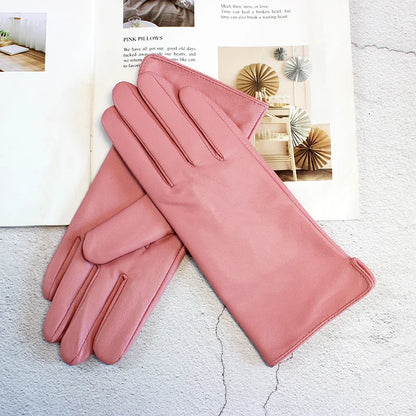 Leather Sheepskin Gloves Women's Autumn Warm Fleece Lining Color Fashion Thin Outdoor Activities Electric Bike Riding Driving
