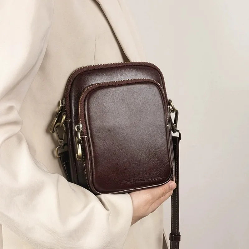 Genuine Leather Handbag for Women 2024 Trend Small Bag Simple Vegetable Tanned Cowhide Mobile Phone Bag Crossbody Shoulder Bag