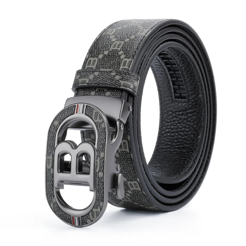 Fashion B Letter Auto Buckle Belt Men's Monogram Print PU Leather Adjustable Waist Strap for Daily Work