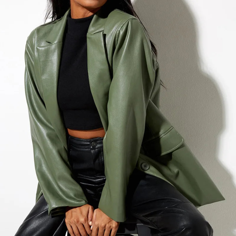 Women's Leather Jacket Autumn and Winter New Leather Coat Casual Warm Blazer Jacket for Women