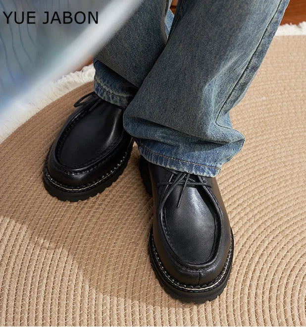 Thick-Soled Derby Shoes Genuine Leather Men's Shoes Designer Lace-Up Casual Shoes Wear-Resistant Trendy Handmade Men's Shoes