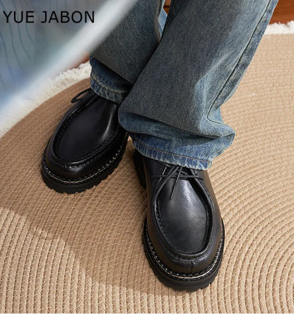 Thick-Soled Derby Shoes Genuine Leather Men's Shoes Designer Lace-Up Casual Shoes Wear-Resistant Trendy Handmade Men's Shoes