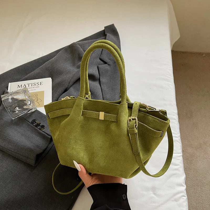 Matte Leather Suede Tote Handbags for Women Large Capacity Retro Shoulder Bag Fall Winter Belt Design Female Crossbody Bags