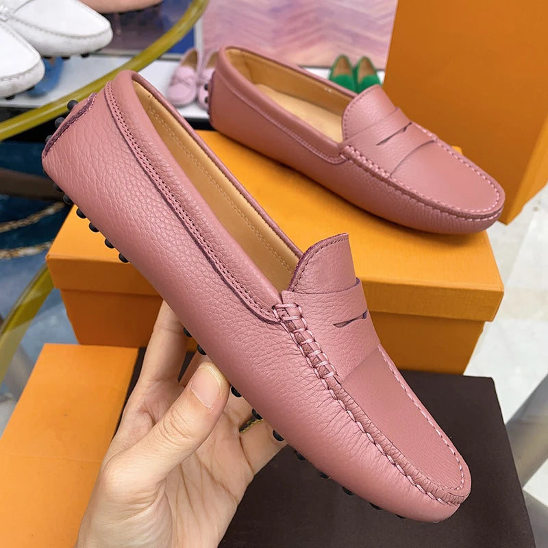 Ladies Spring Summer Genuine Leather Slip-On Shoes Soft Bottom Lightweight Comfortable Walking Flats Casual Office Footwear