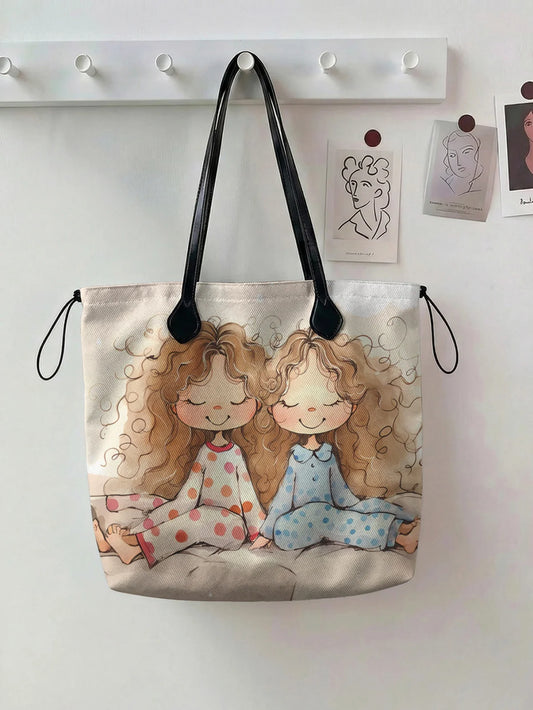 Printed handbag for women, large capacity leather handle shopping bag, casual shoulder bag