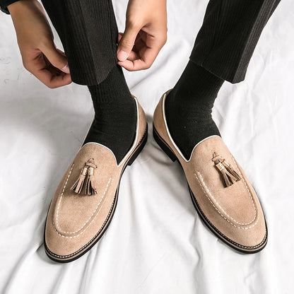 Italian Brand Cowhide Suede Pointed Toe Leather Shoes High Quality Men's Loafers Men's Casual Shoes British Style Flat Shoes