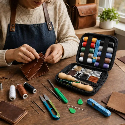 Leather sewing tool set, with waxed thread and needle threader, suitable for leather sewing DIY craft accessory set