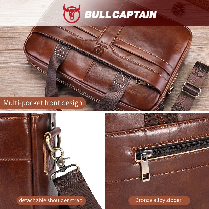 BULLCAPTAIN Leather Laptop Bag, Top Layer Leather 15" Laptop Bag Men's Laptop Briefcase Briefcase Work Business Travel Bag 053