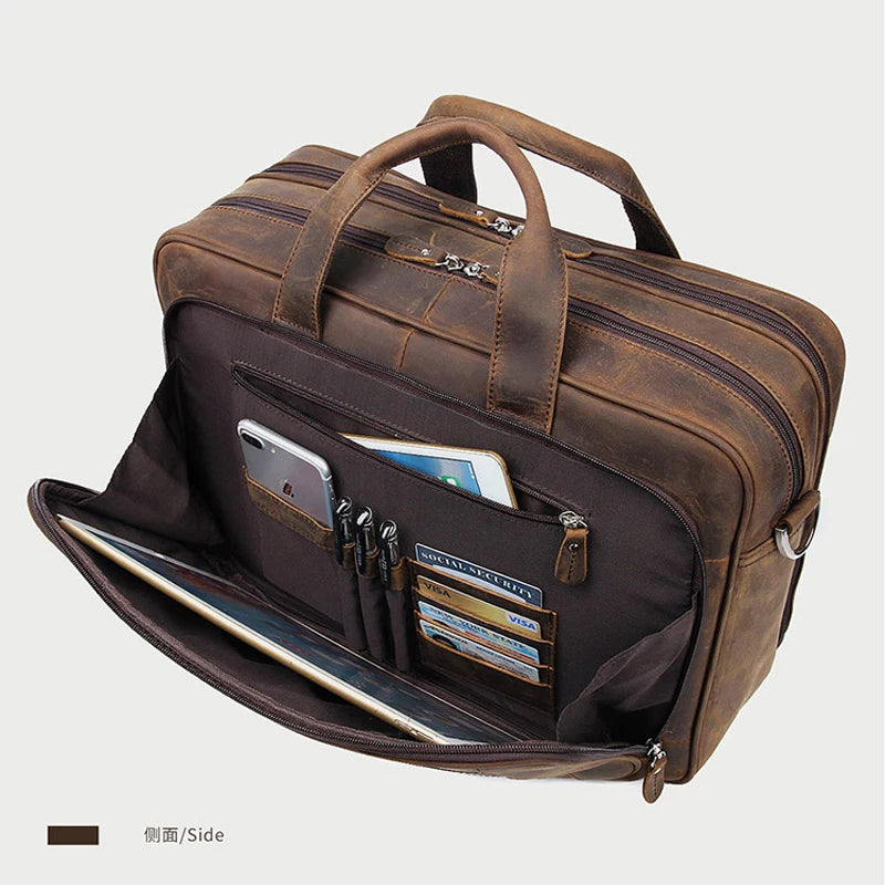 High Quality Genuine Leather Men Briefcase Business bag Crazy Horse Leather Large 17"inch Laptop Bag male Portfolio Office Case