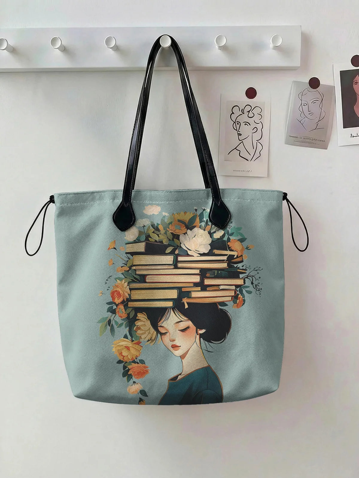 Printed handbag for women, large capacity leather handle shopping bag, casual shoulder bag