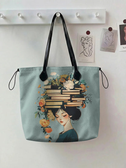 Printed handbag for women, large capacity leather handle shopping bag, casual shoulder bag