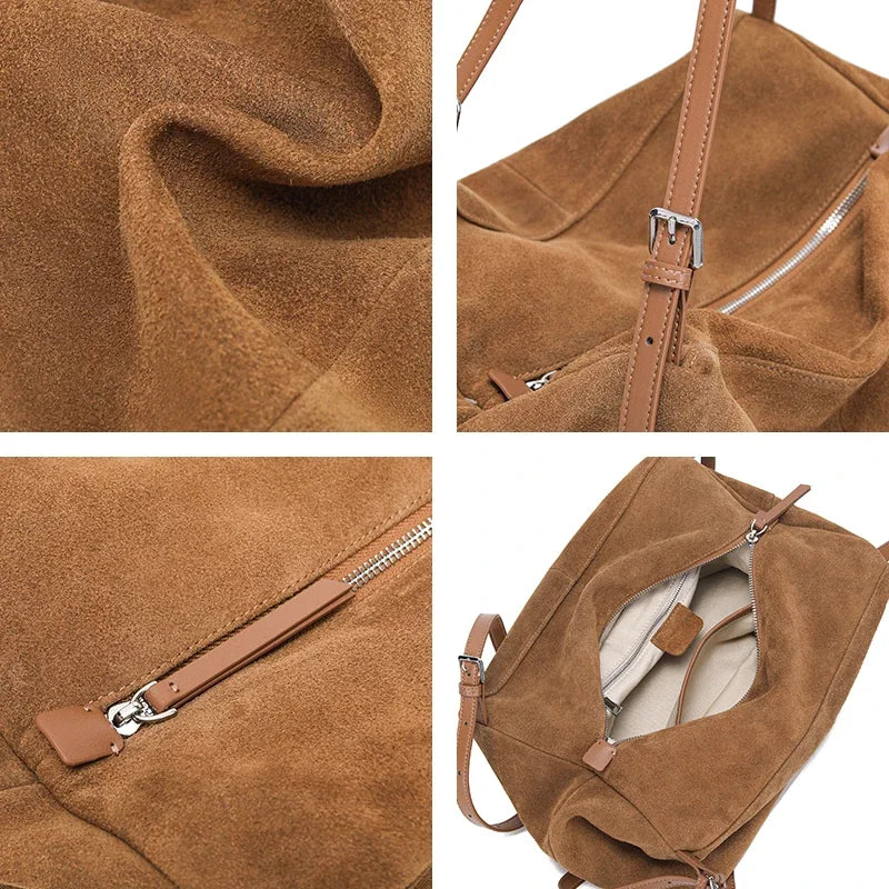 Women's Natural Nuede Genuine Leather Handbags Ladies large capacity Tote Bag Female Design Luxury Commuting Yoga Bag  hobo bag