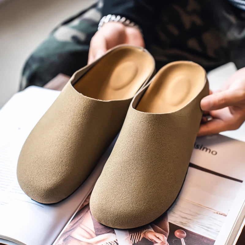 Leather Half Shoes for Men Mules Platform Backless Loafers Slippers Summer Open-back Casual Shoes Slides Sandal Slip On Flats