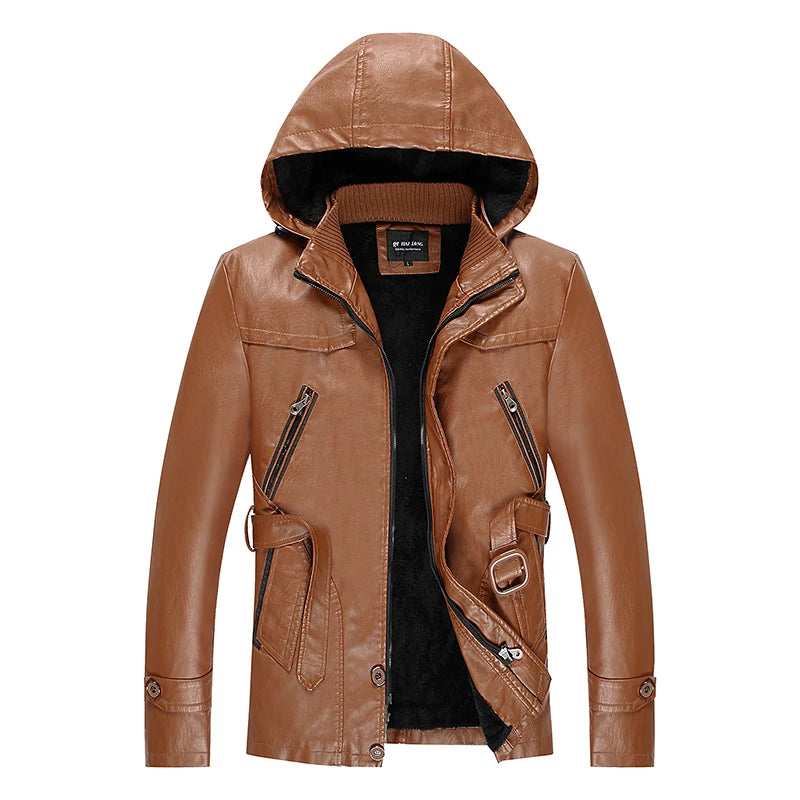 Leather Jackets Outwear Brand Clothing Men's Leather Jackets Winter New Thick Mens Fashion Style Hooded Motorcycle PU Coats Male