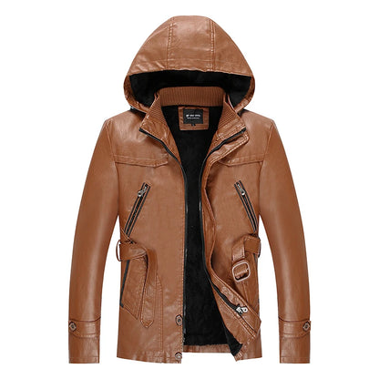 Leather Jackets Outwear Brand Clothing Men's Leather Jackets Winter New Thick Mens Fashion Style Hooded Motorcycle PU Coats Male
