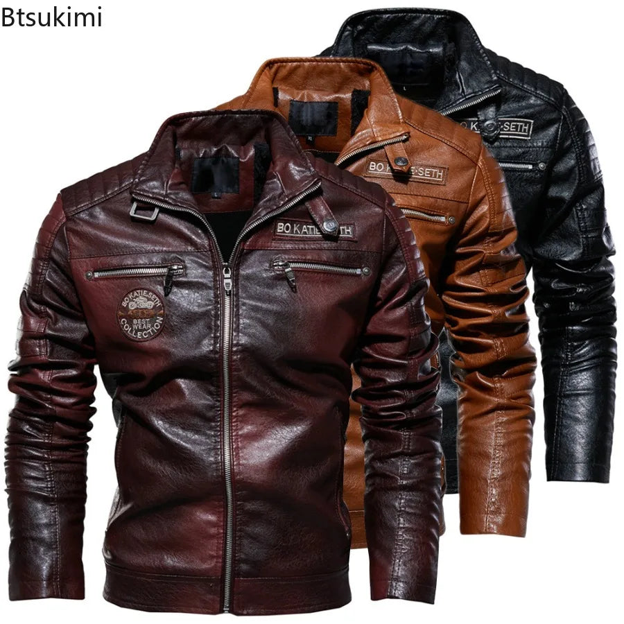 2026 Leather Jackets Men's Autumn Winter Fleece Motorcycle PU Leather Jackets Vintage Casual Stand Collar Windbreaker Slim Coats